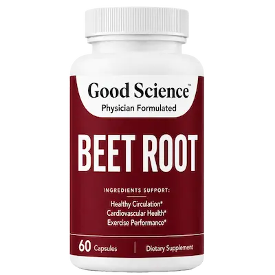 A white bottle of Good Science Beet Root dietary supplement, containing 60 capsules, on a white background.