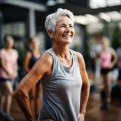 A smiling older woman with short white hair, wearing a grey tank top in a fitness class.