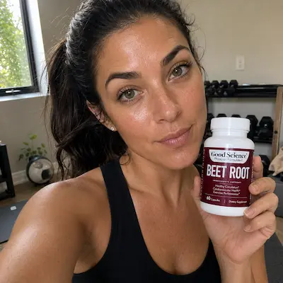 A woman in a black tank top holds up a bottle of Good Science Beet Root supplements.