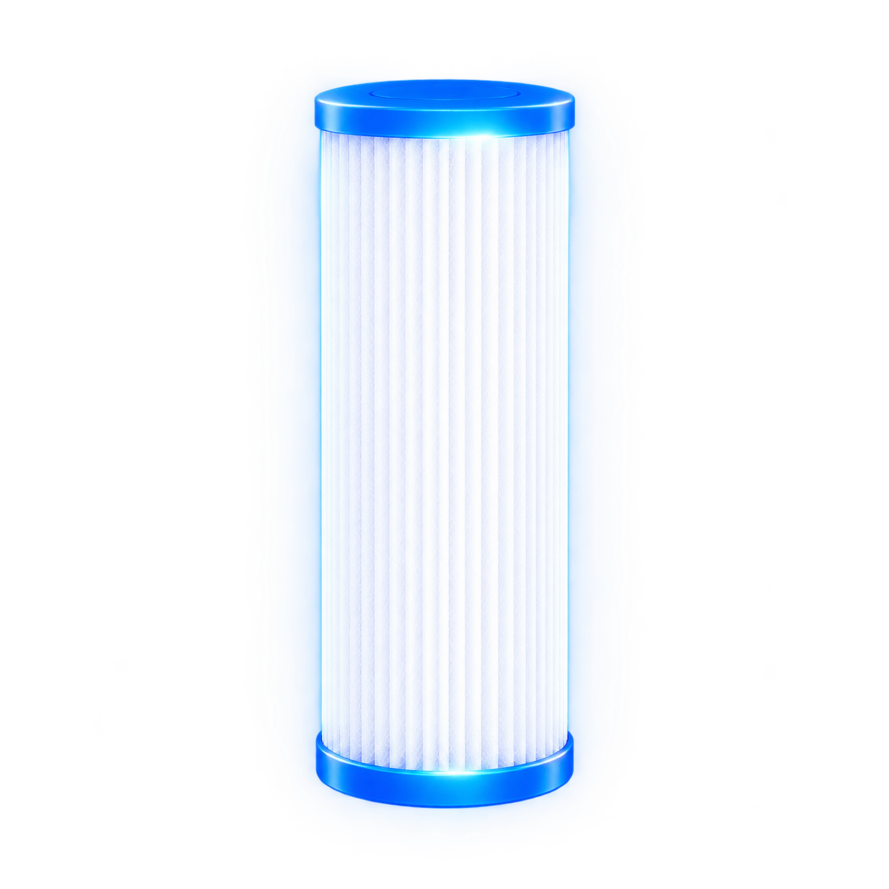 A cylindrical, pleated white water filter cartridge with blue caps, set against a white background.