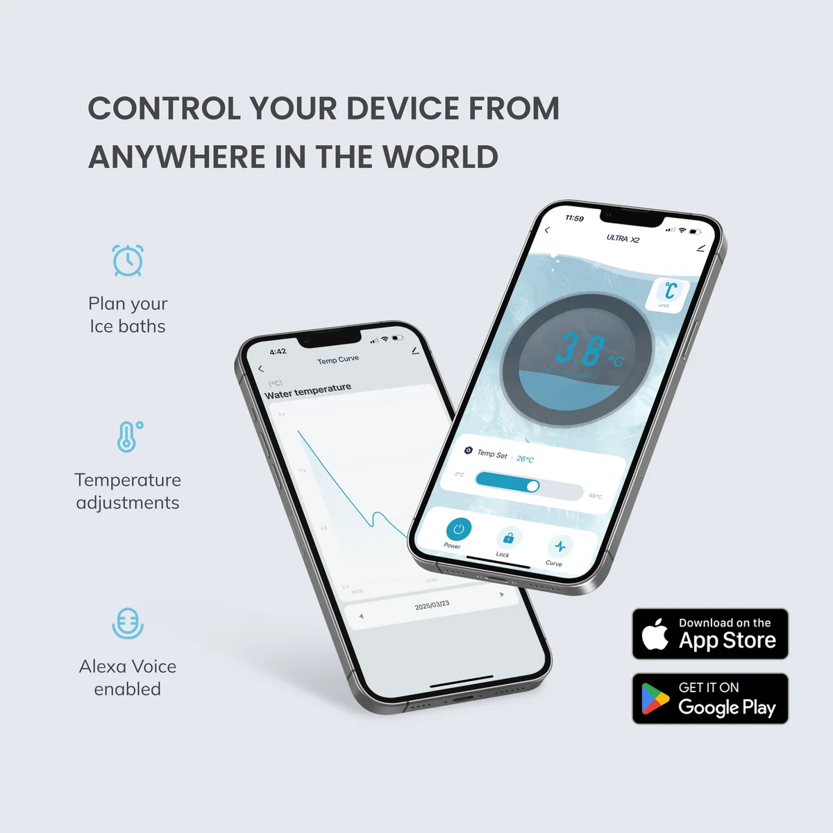 Two iPhones displaying a temperature control app, with feature callouts and app store download buttons.
