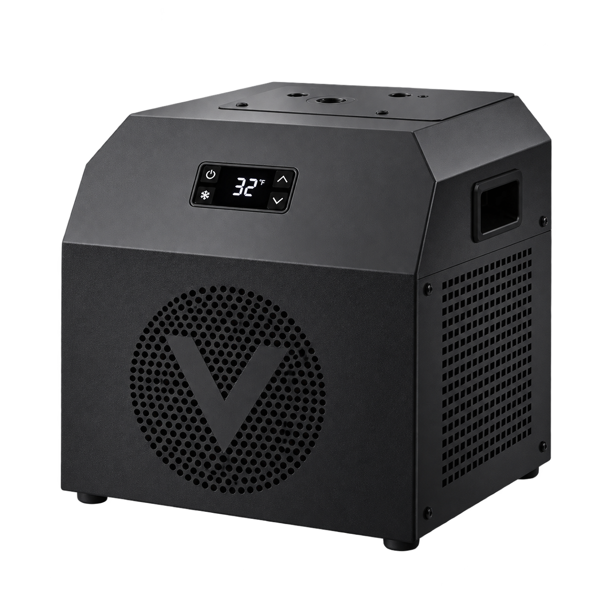 A matte black, box-shaped machine with a digital display reading 32°F and a 'V' logo on the vent.