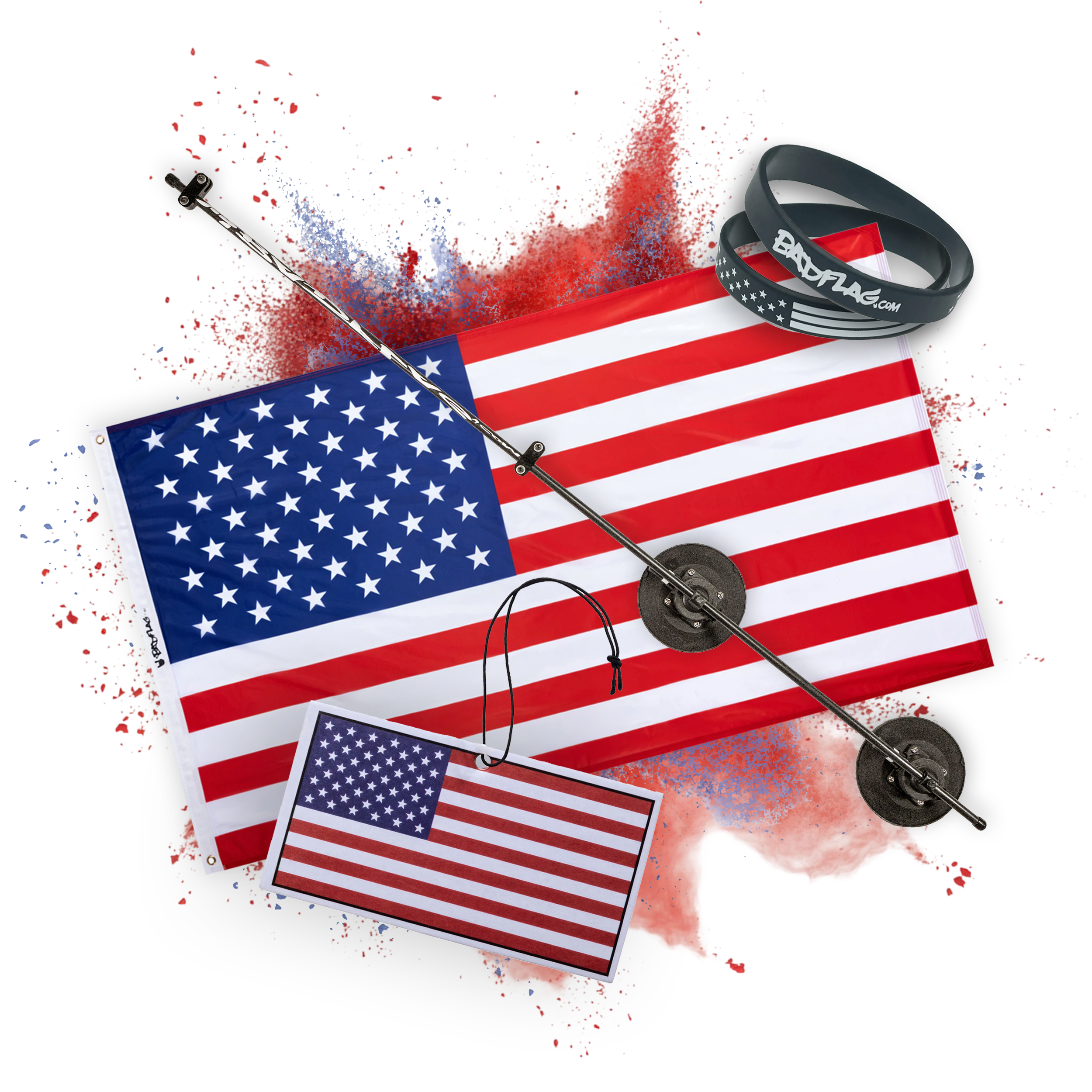 American flags, flagpole, and wristbands on a white background with red and blue splashes.