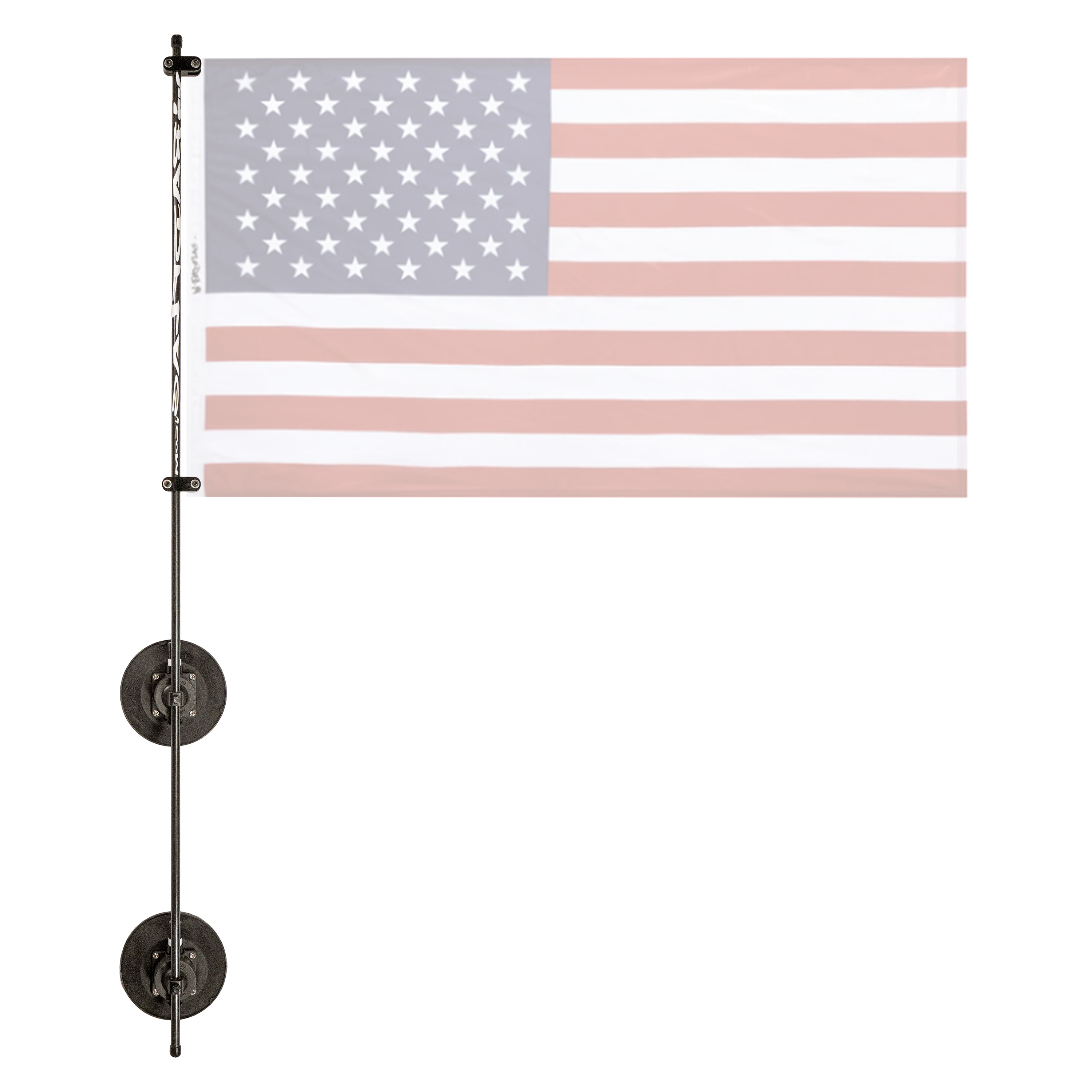 A black flagpole with two round mounts holding a semi-transparent American flag against a white background.