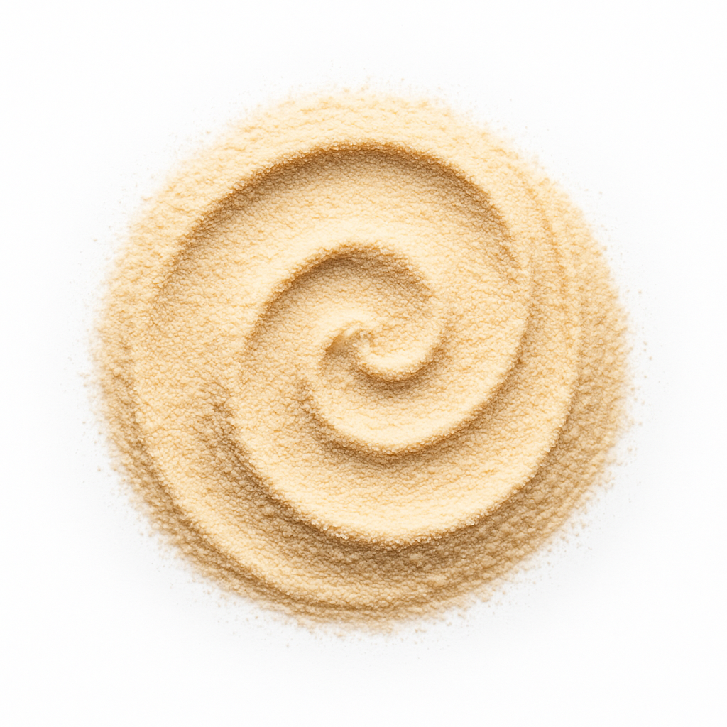 A swirl pattern made of fine beige powder on a white background.