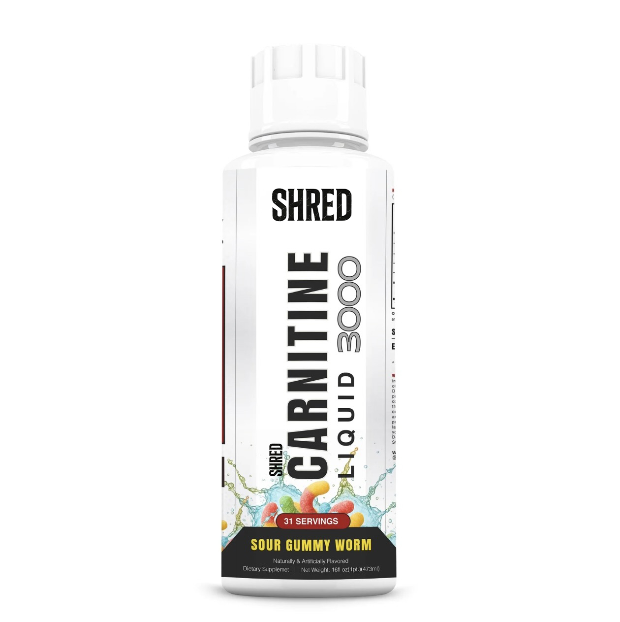 White bottle labeled 'Shred Carnitine Liquid 3000' with sour gummy worm flavor.