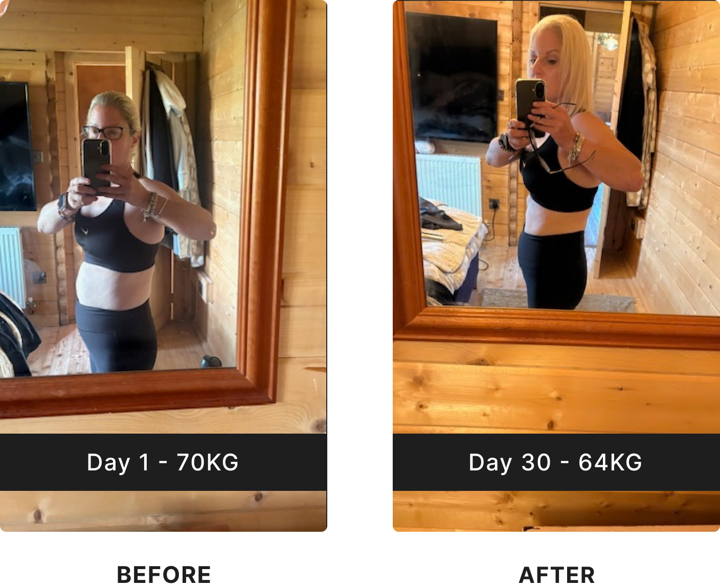 Side-by-side comparison of a woman's weight loss from 70kg to 64kg in 30 days.