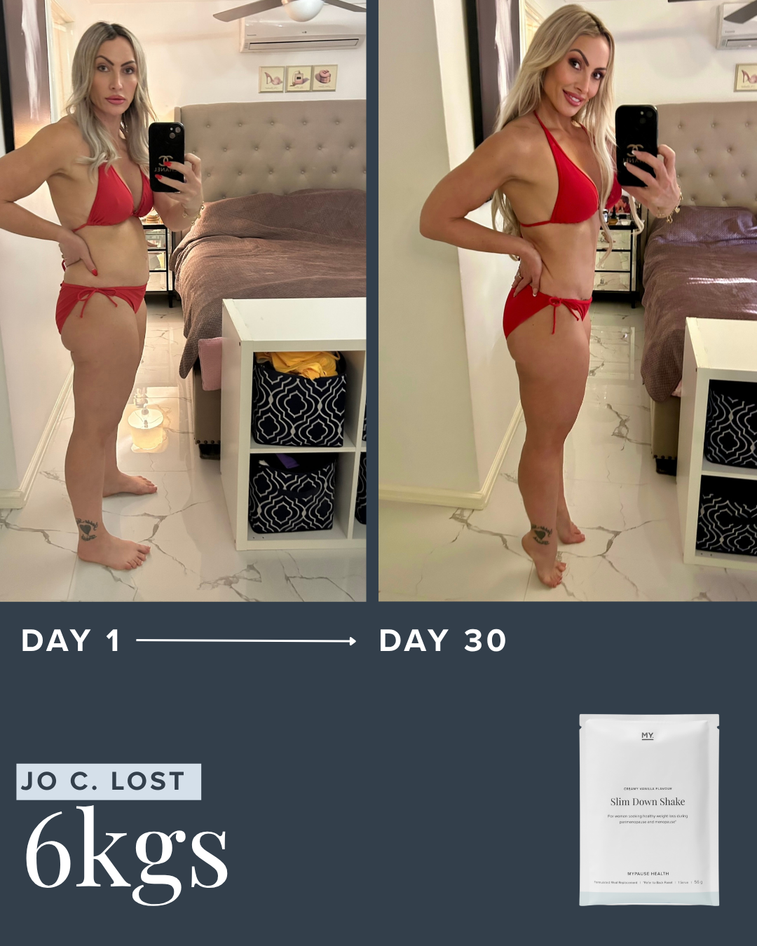 Two side-by-side images showing a woman's weight loss journey over 30 days.