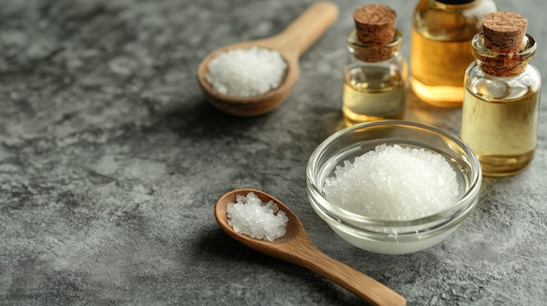 Wooden spoons with salts and small glass bottles on a gray surface.