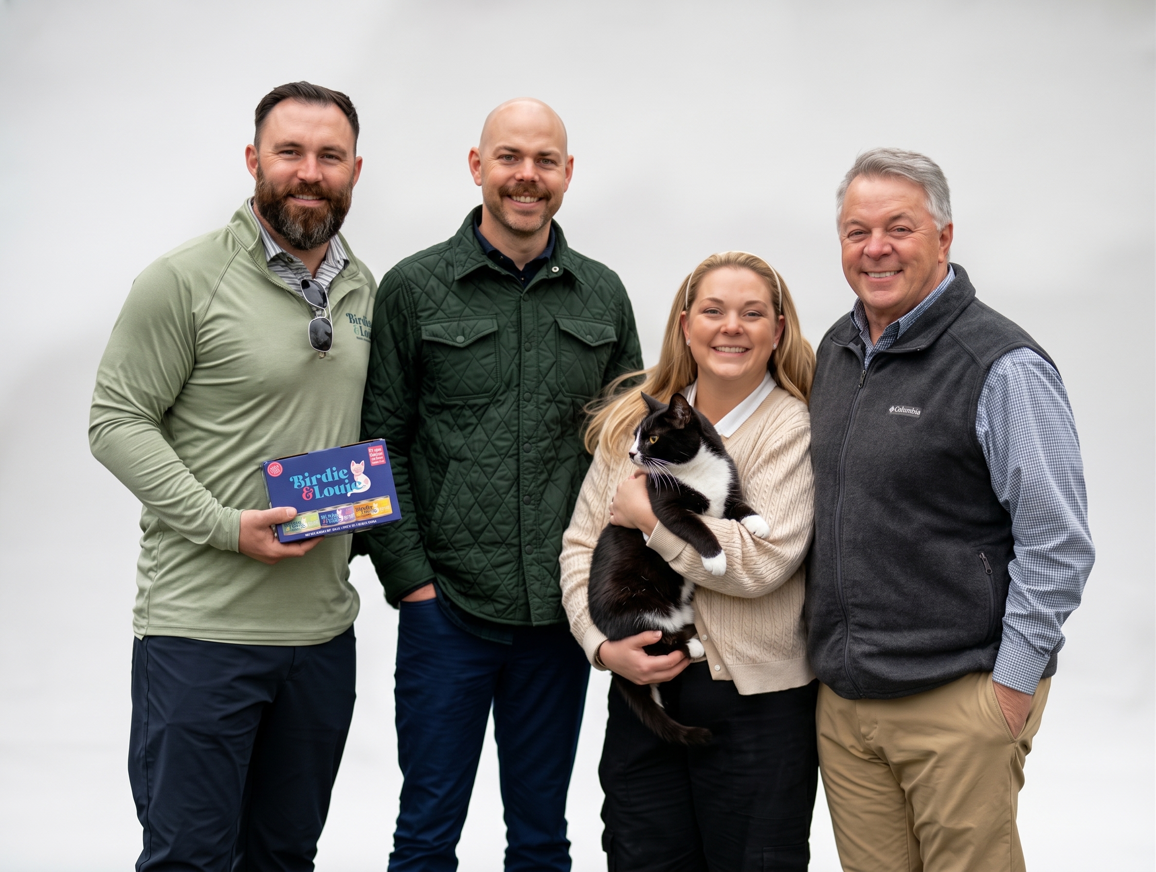 A group of four people posing for a photo, one holding a cat and another holding a box.