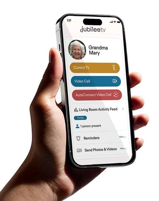 Hand holding a smartphone displaying a video call app interface.