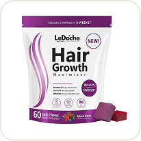 A white and purple pouch of LeDoche Hair Growth Maximizer soft chews with two gummies beside it.