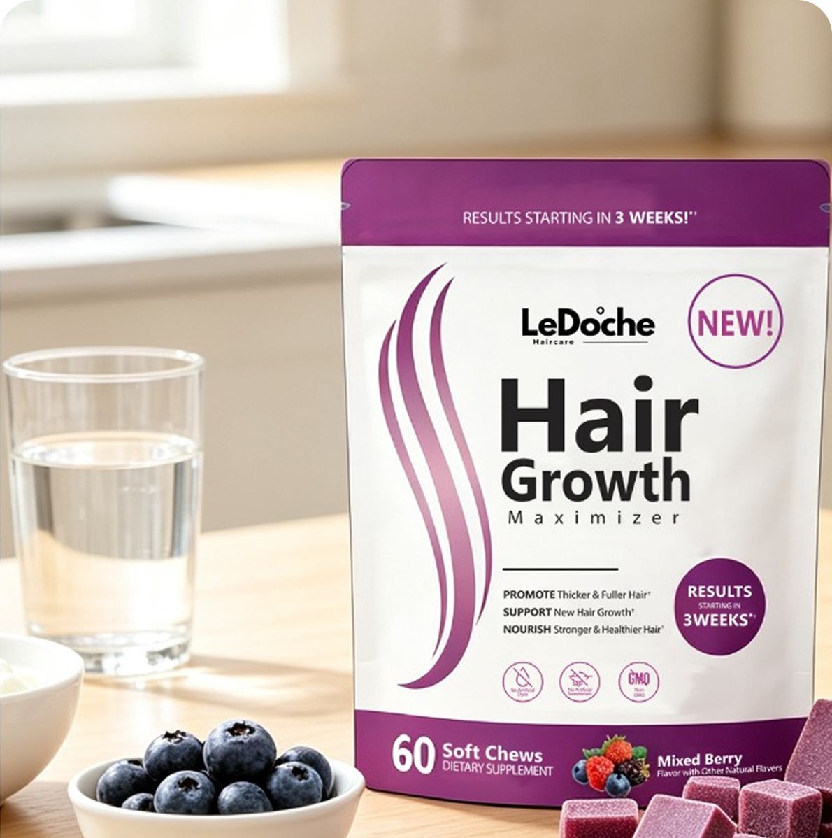 A pouch of LeDoche Hair Growth Maximizer soft chews on a table next to blueberries and water.