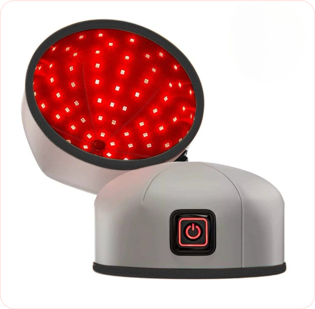 A gray helmet with red LED lights inside and a power button on the outside.