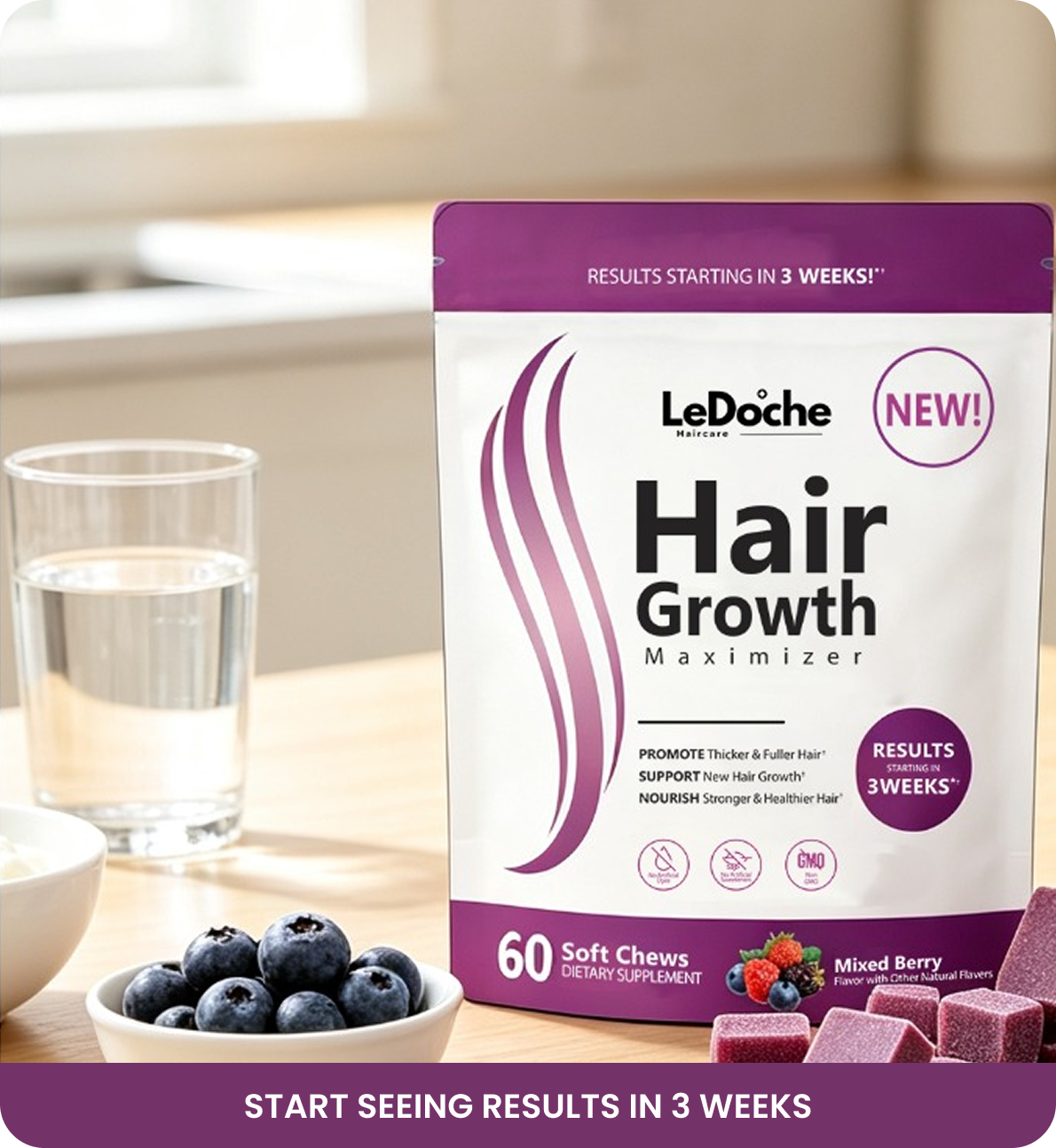 A pouch of LeDoche Hair Growth Maximizer soft chews next to blueberries and a glass of water.