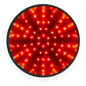 Red circular patterned light with glowing squares.