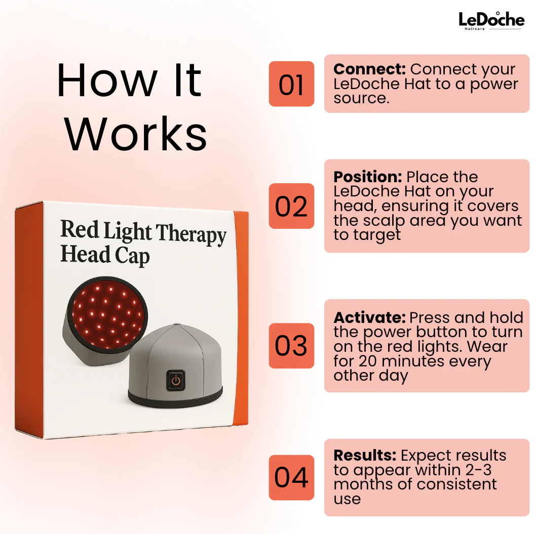 Infographic explaining steps for using a red light therapy head cap.