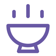 Purple bowl icon with three vertical lines above it.