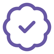 Purple checkmark inside a scalloped circle outline.