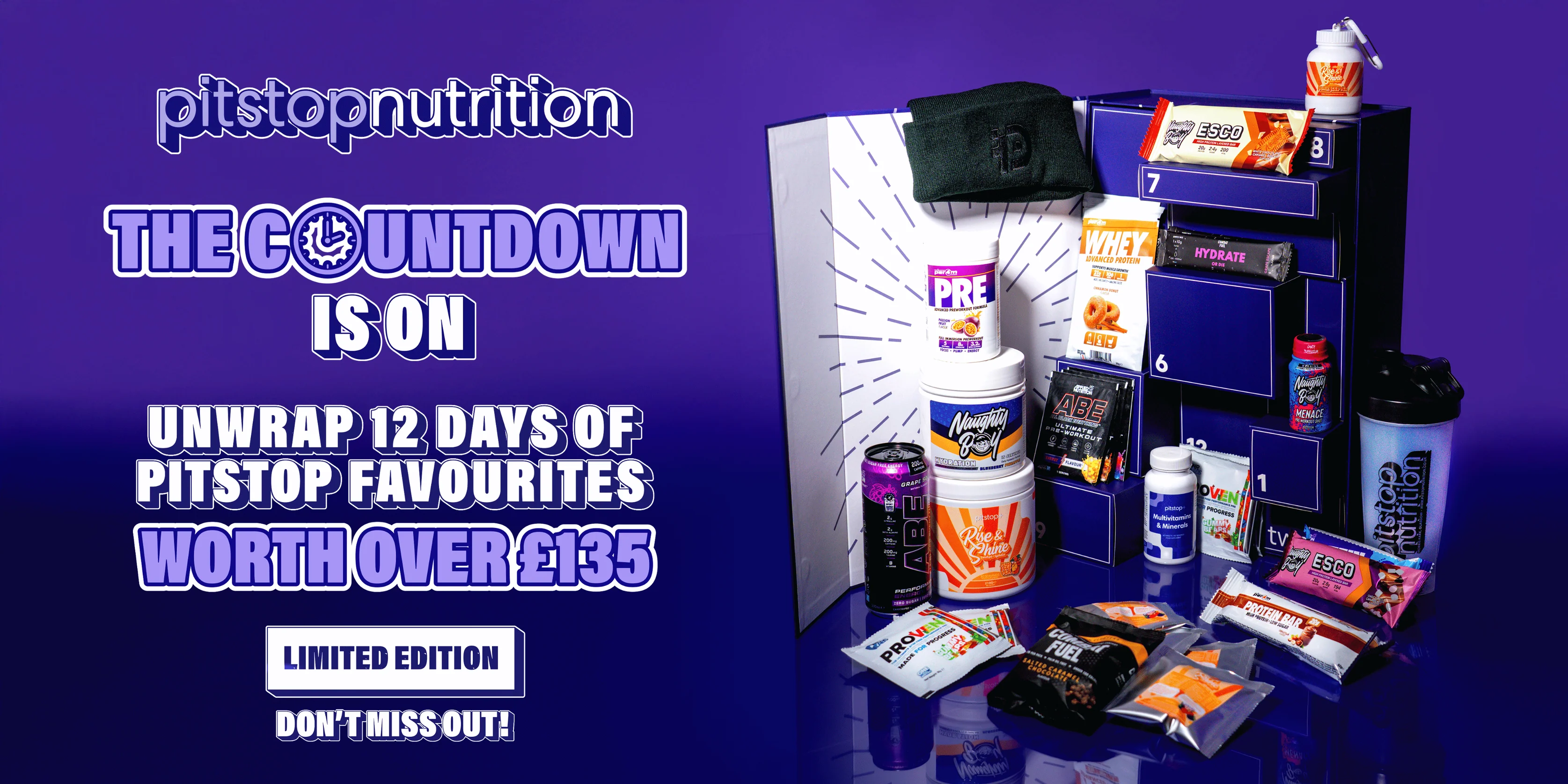 Pitstop Nutrition products and advent calendar with text promoting a limited edition offer.