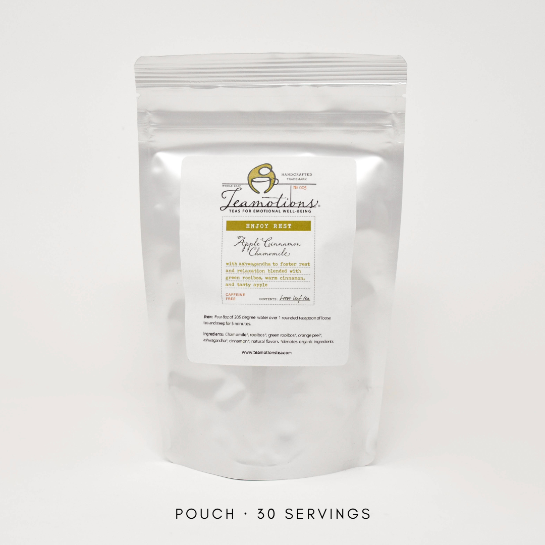 Silver pouch labeled 'Teamotions Apple Cinnamon Chamomile Tea'. Contains 30 servings.