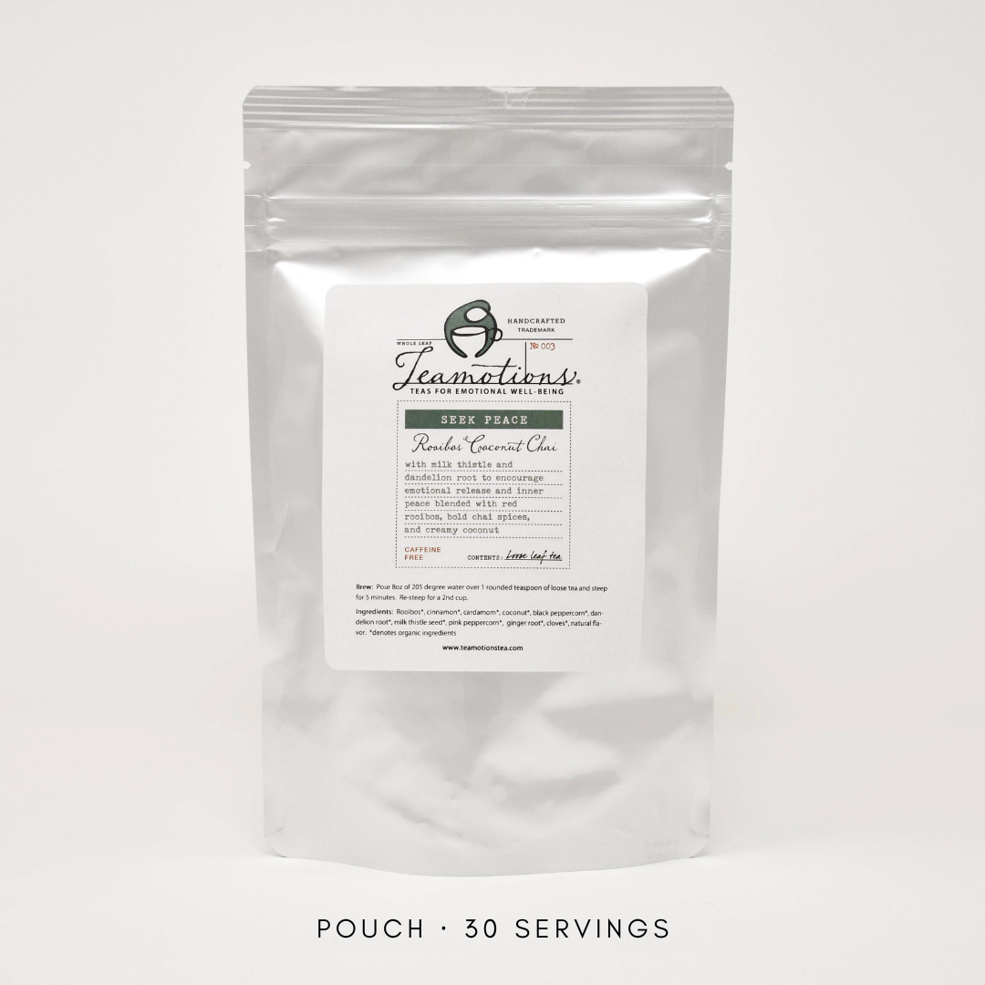 Silver pouch of tea labeled 'Seek Peace Redbush Coconut Chai' with 30 servings.