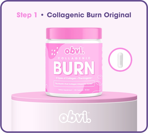 Pink container of 'obvi Collagenic Burn' supplement with a capsule illustration.