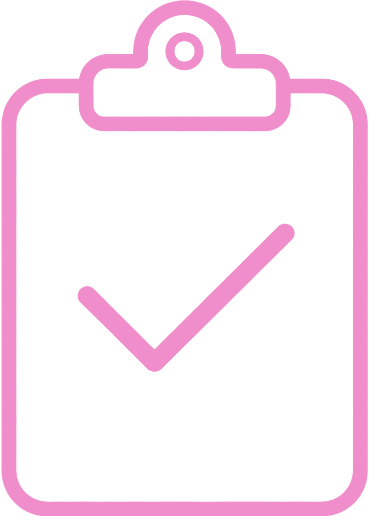 A pink icon of a clipboard with a large checkmark in the center.