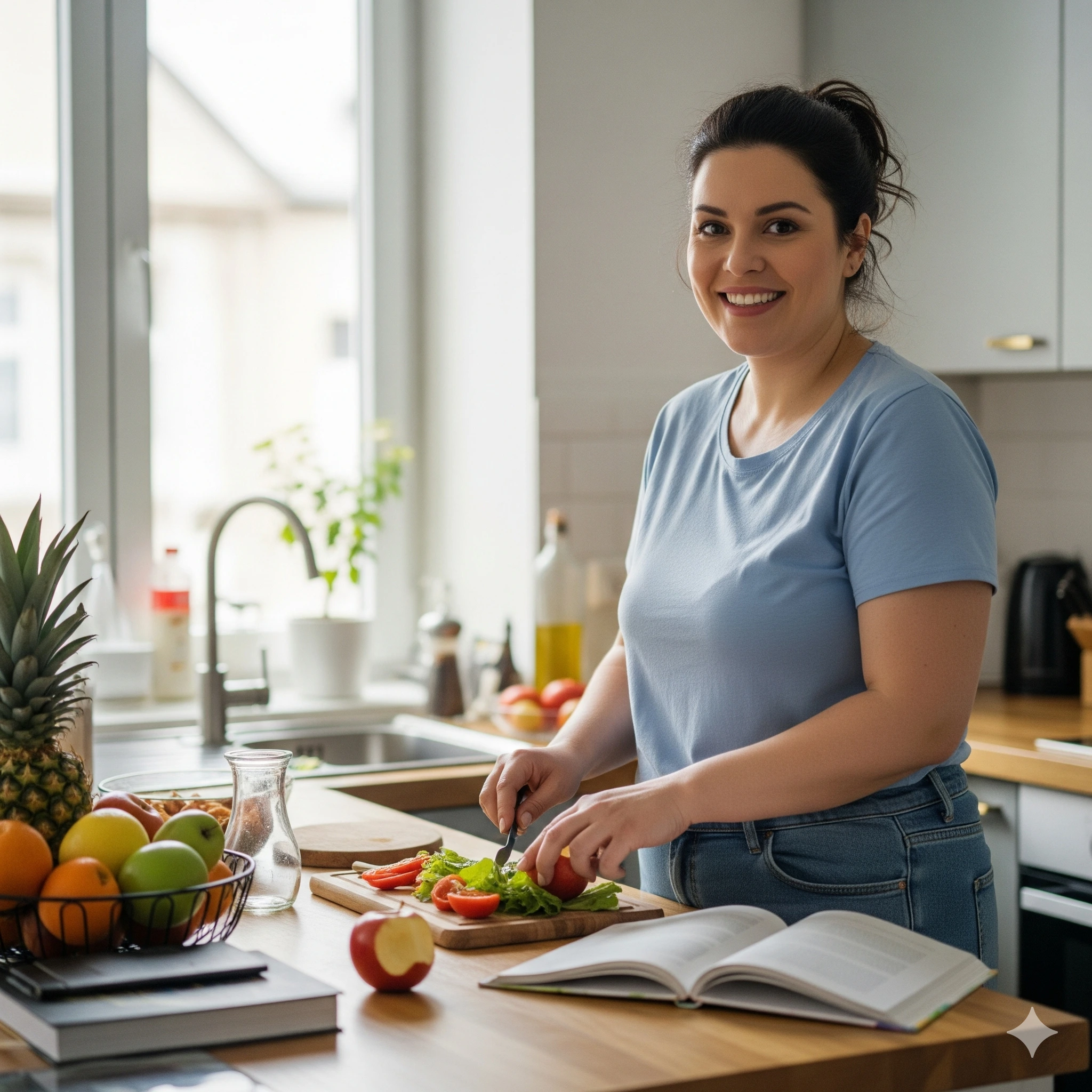 Person chopping vegetables in a kitchen next to a book and a bowl of fruit.