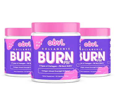 Three jars of Obvi Collagenic Burn PM supplement with pink and purple labels.