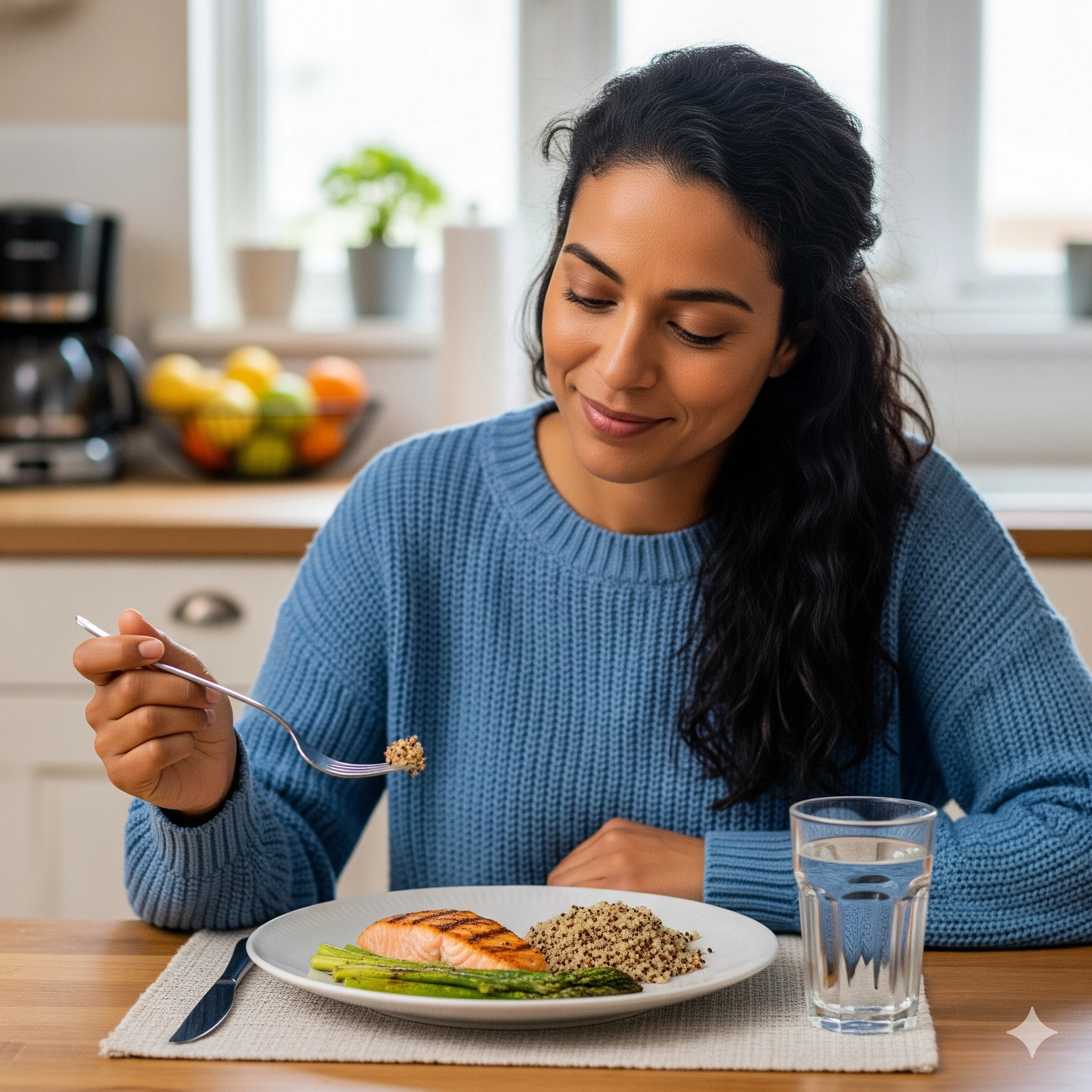 Person in blue sweater eating a meal with salmon, quinoa, and asparagus.