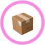 Brown cardboard box with tape, inside a pink circle.