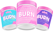 Three colorful containers of Obvi collagen burn supplements.