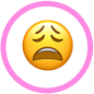 A yellow emoji with a sad, weary expression inside a pink circle.