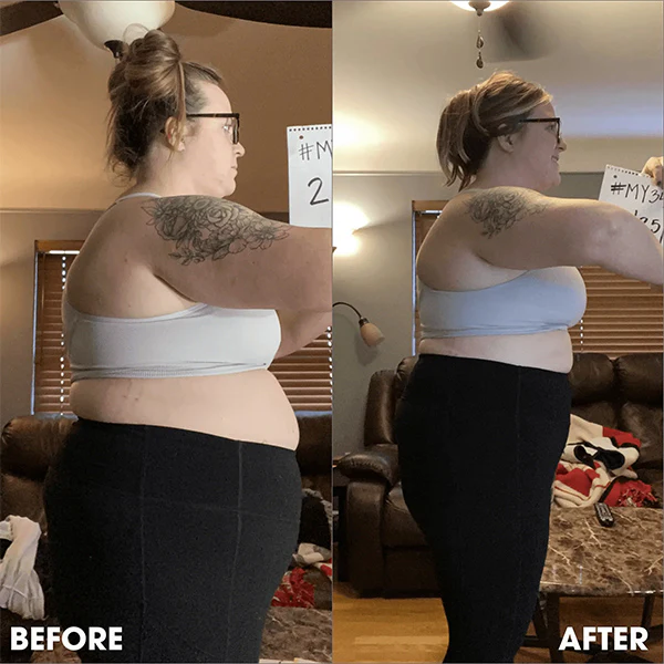 Side-by-side comparison of a person before and after weight loss.