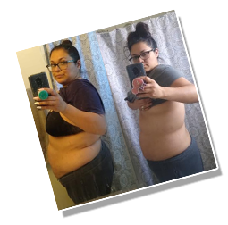Two side-by-side photos of a person showing a front and side view in a mirror.