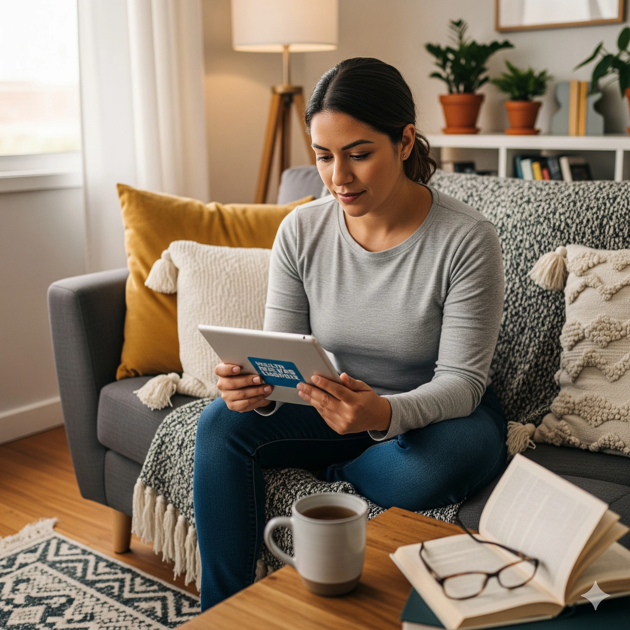 Woman sitting on a sofa reading a tablet, with a cup and book nearby.