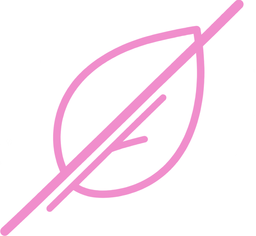 A pink line drawing of a leaf with a diagonal line through it on a white background.