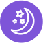 Icon of a crescent moon with stars on a purple background.
