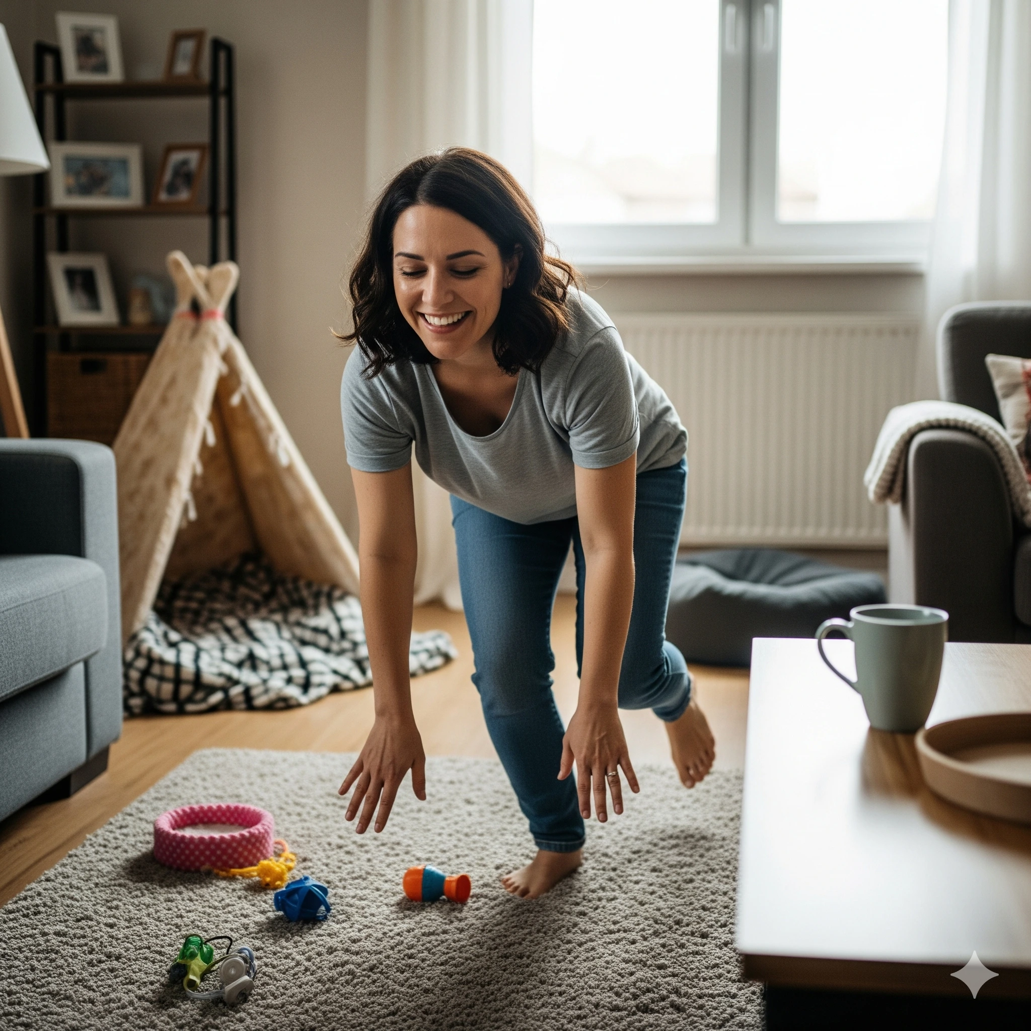 Woman playing on rug in living room with toys around.