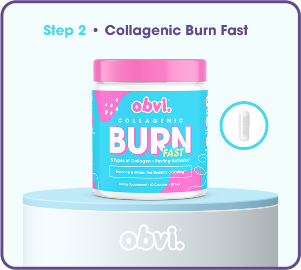 Obvi Collagenic Burn Fast supplement jar with capsule illustration.