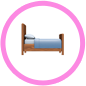 Illustration of a wooden bed with blue bedding inside a pink circle.