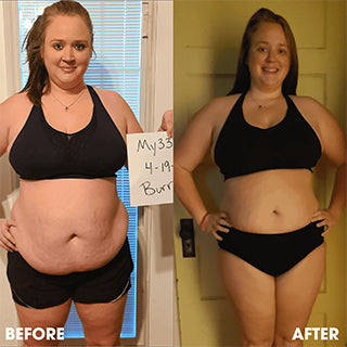 Side-by-side before and after photos of a woman in workout attire.