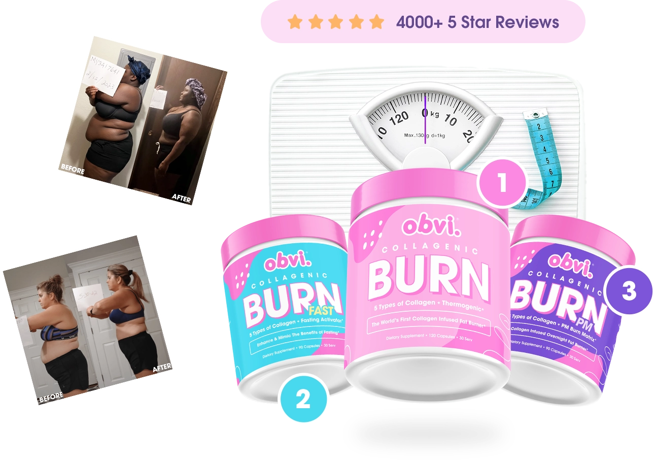 Three Obvi Burn supplement containers in front of a scale and measuring tape.
