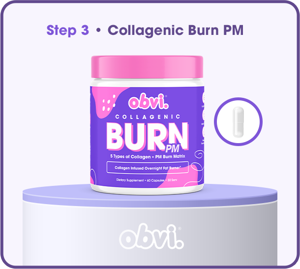Purple and pink supplement bottle labeled 'Collagenic Burn PM' with a capsule image.