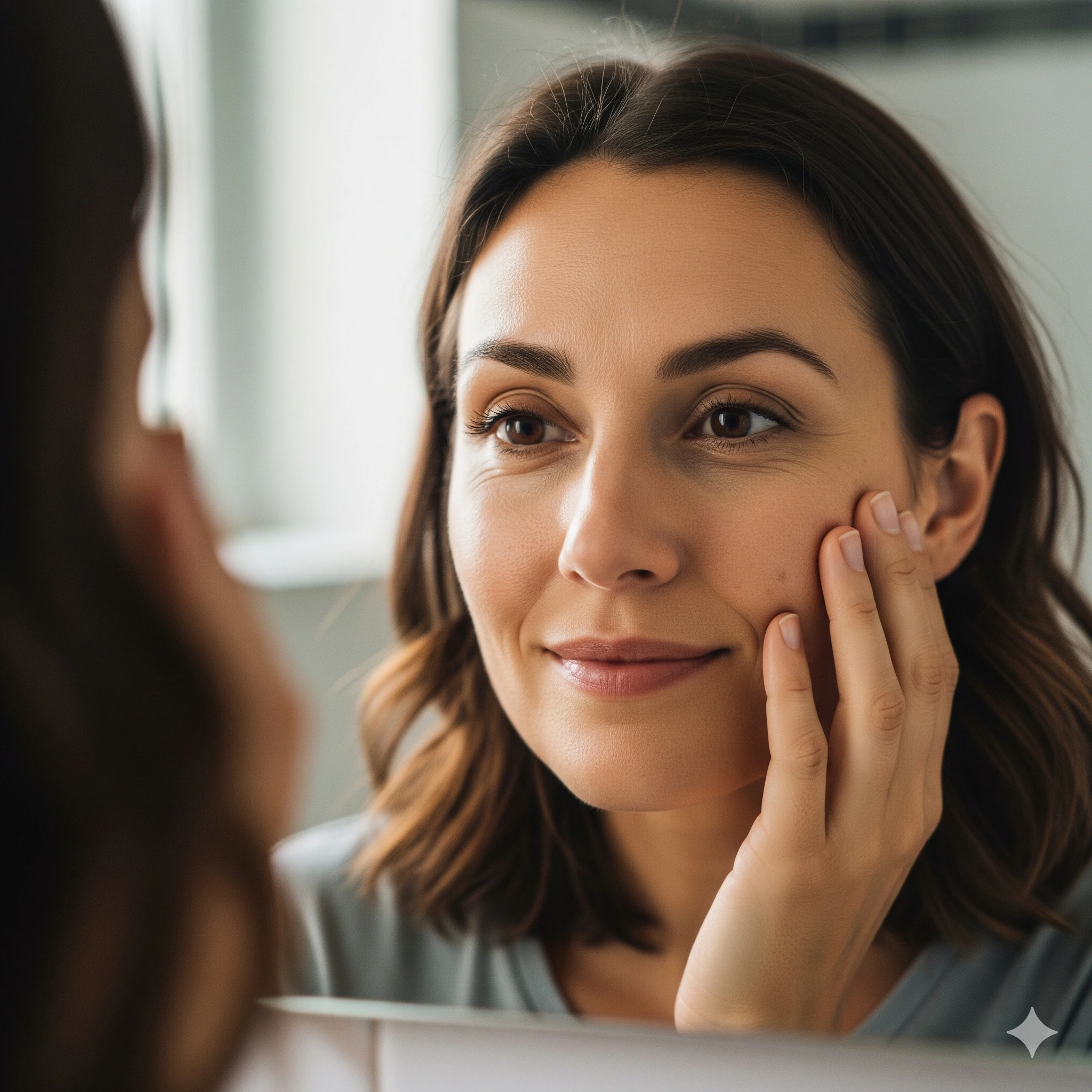 Woman touching her face while looking at herself in a mirror.