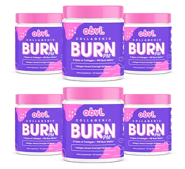Five jars of Obvi Collagenic Burn PM in pink and purple packaging.