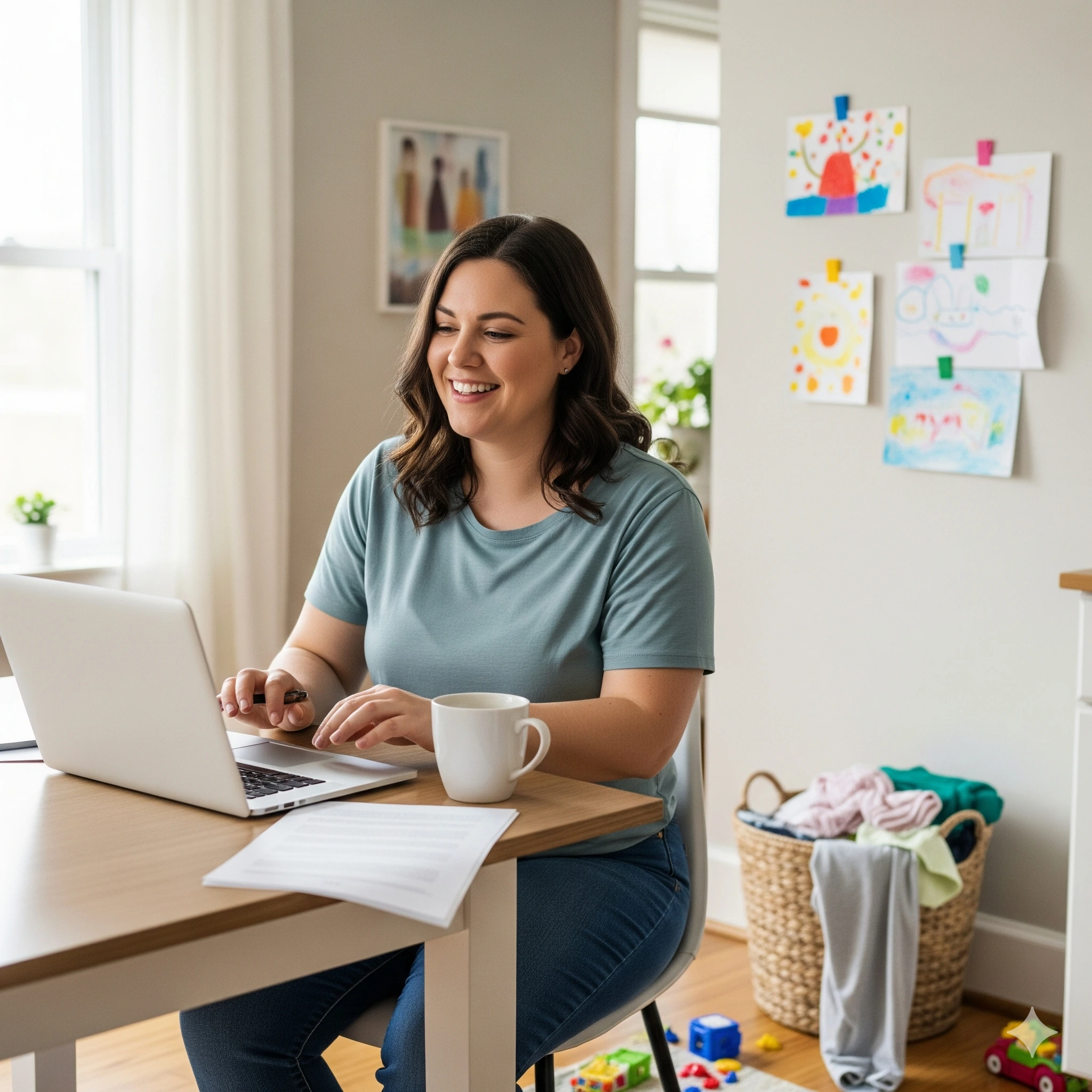 Woman smiling at laptop, with colorful children's drawings on the wall and toys on the floor.