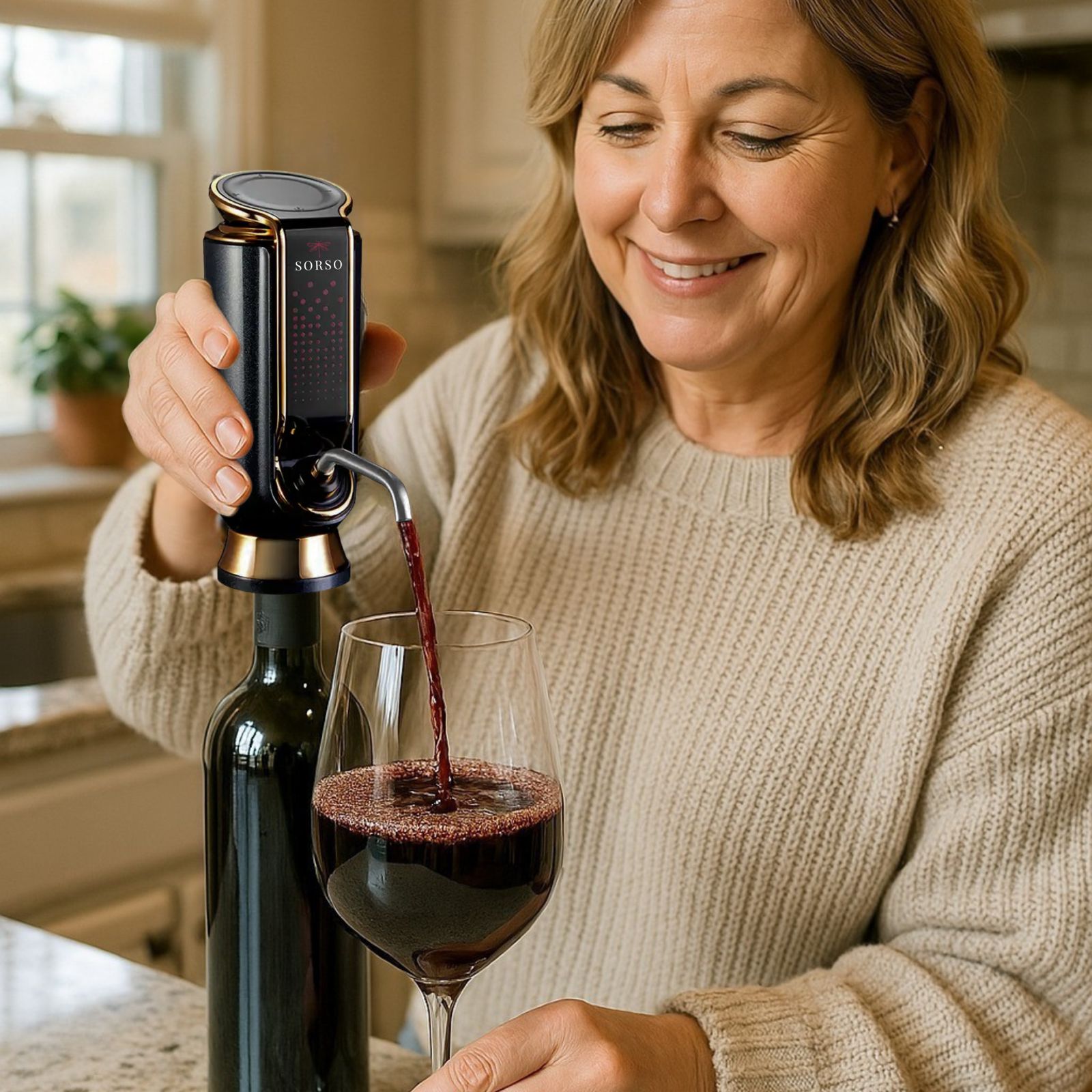 Woman pouring red wine into a glass using a wine aerator.