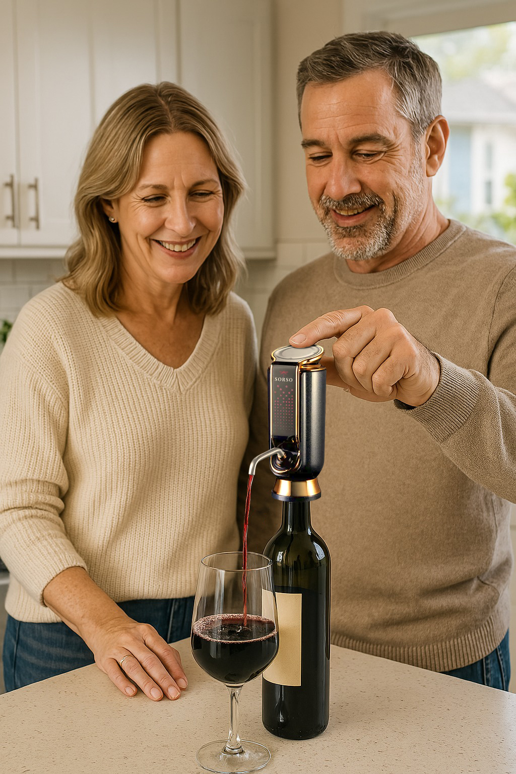 A couple using a wine aerator to pour red wine into a glass.
